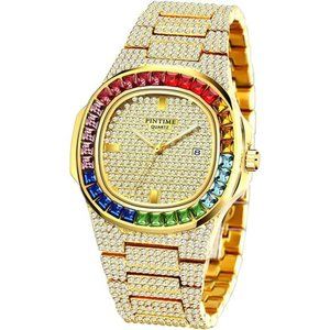 Luxury Bling-ed Out Colorful Diamond Watches Quartz Analog Stainless Steel Band